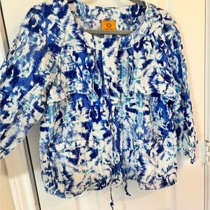 Ruby Rd. Blue & White Brushstroke Print Linen Blend Spring Jacket Snap Button 14